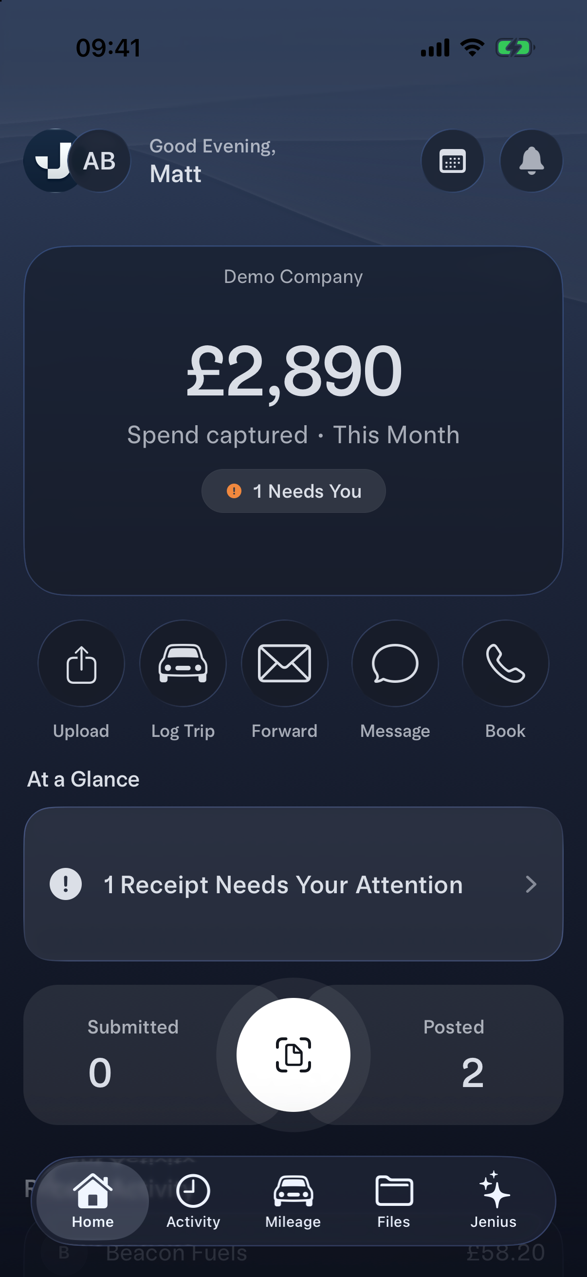 The Jentry app's home screen: monthly spend captured, quick actions, and recent activity.
